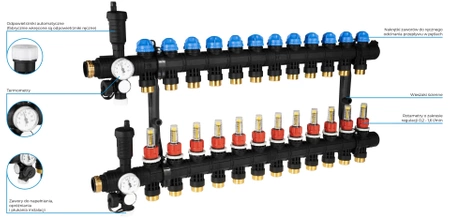 Rozdzielacz poliamidowy ProCalida EF1 12 obiegów grzewczych, G1", 0,2÷1,6 l/min