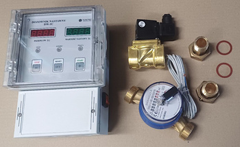 Dozownik wody nastawny DW-1C + wodomierz + elektrozawór -komplet na 1/2' dozowanie co 1 litr.