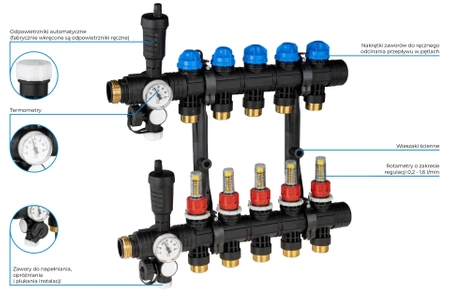 Rozdzielacz poliamidowy ProCalida EF1 5 obiegów grzewczych, G1", 0,2÷1,6 l/min