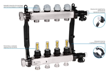 Rozdzielacz ze stali nierdzewnej ProCalida VA 1C ze stali nierdzewnej, 4 obiegi, nakrętki G1'', 0,5 - 4,0 l/min