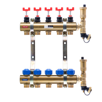 Rozdzielacz 3 obwody, mosiężny, z przepływomierzami i wkładkami termostatycznym