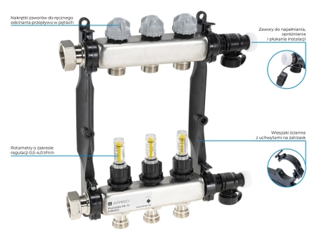 Rozdzielacz ze stali nierdzewnej ProCalida VA 1C, 3 obiegi, nakrętki G1'', 0,5 - 4,0 l/min
